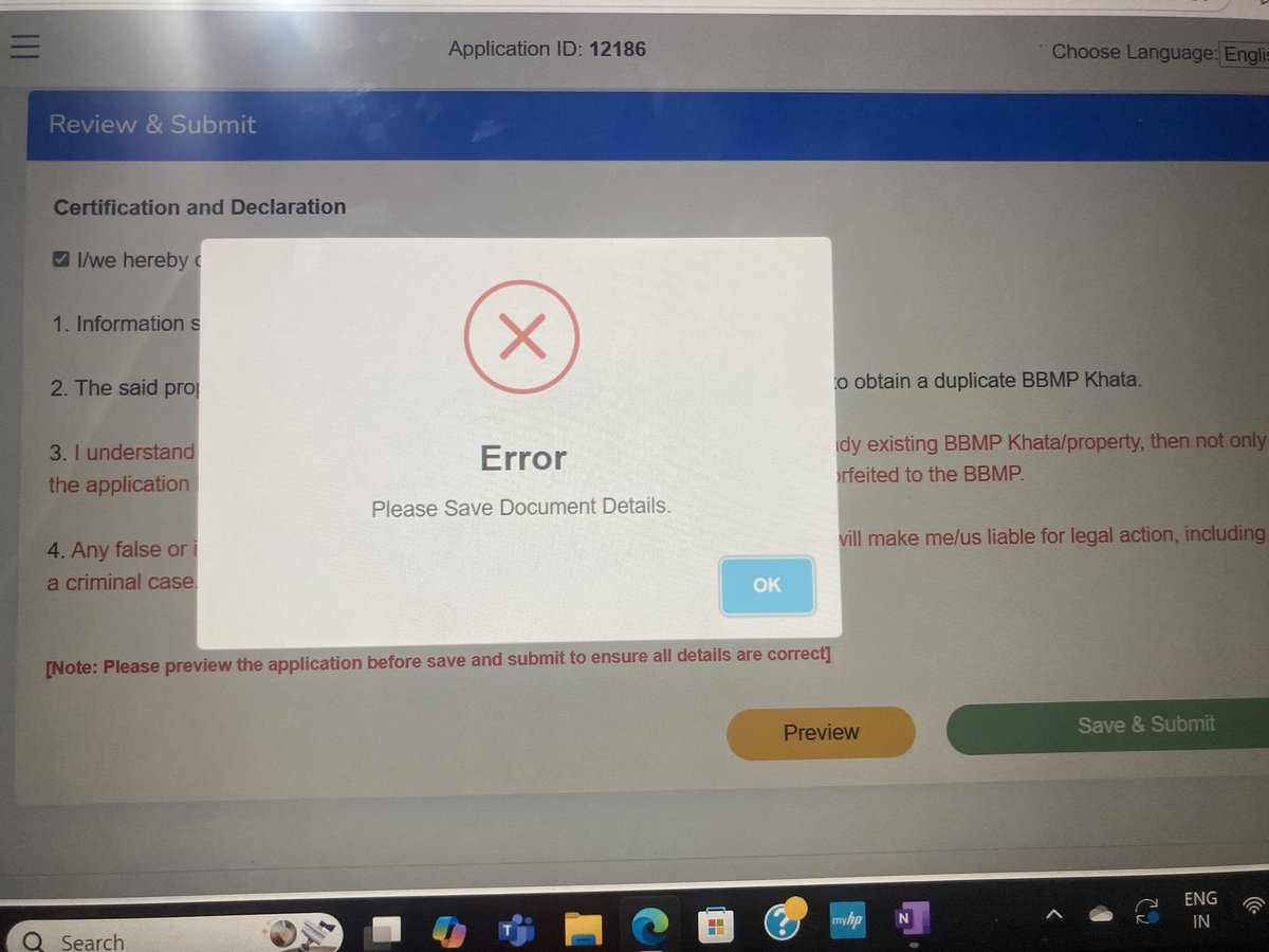 Saveindia2030's tweet photo. @BBMPofficial @CMofKarnataka @DKShivakumar @krishnabgowda @BBMPAdmn @BBMPCOMM Still after last step it gives the error. This is 5th application from last one month. Lot of issues with the website. It is mentioned 10000 new khata given. I am sure even single is not sir https://t.co/iwBO4NrQ23