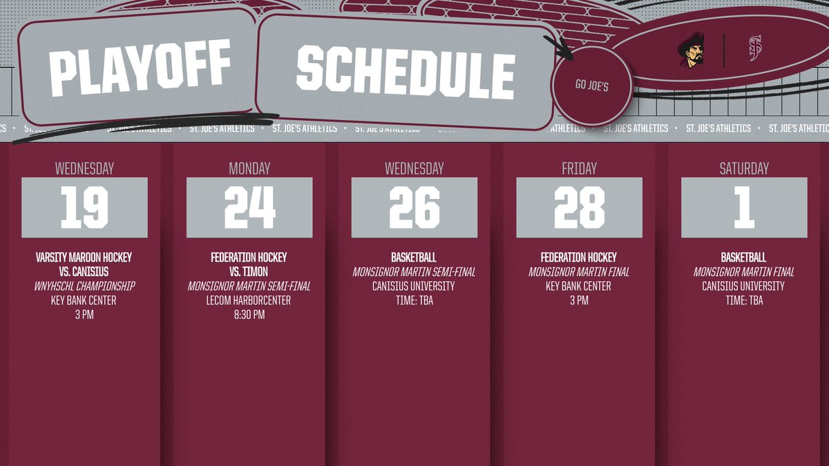 Playoff season is here! From the ice to the hardwood, St. Joe’s is chasing championships. Stay updated with key playoff info below!
Important Info: docs.google.com/document/d/1Nl…