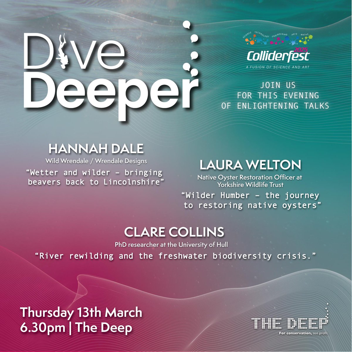 The Deep (@thedeephull) on Twitter photo Join us for our first #DiveDeeper of the year, in partnership with <a href="/ColliderFest/">Colliderfest</a> 2025!🔬
Thursday 13th March, 6:30pm
Enjoy an evening of #talks from our fantastic #guestspeakers, Wrendale Designs, <a href="/UniOfHull/">University of Hull</a> and <a href="/YorksWildlife/">Yorkshire Wildlife Trust - follow us on Bluesky 🦋</a>🦪
Tickets are £7.50, book: bit.ly/3X6aQHY Join us for our first #DiveDeeper of the year, in partnership with <a href="/ColliderFest/">Colliderfest</a> 2025!🔬
Thursday 13th March, 6:30pm
Enjoy an evening of #talks from our fantastic #guestspeakers, Wrendale Designs, <a href="/UniOfHull/">University of Hull</a> and <a href="/YorksWildlife/">Yorkshire Wildlife Trust - follow us on Bluesky 🦋</a>🦪
Tickets are £7.50, book: bit.ly/3X6aQHY