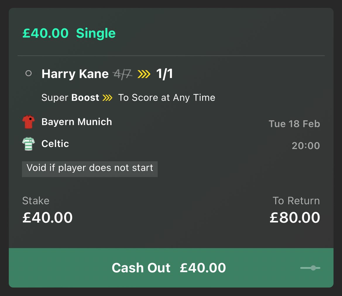 ValueBetSpotter's tweet image. 😍 FREE MONEY! Harry Kane free £80 cash giveaway!

If this Bayern vs Celtic Bet365 super boost wins, we’ll give away £80 free cash!

👉 £40 to someone who LIKES this tweet.
👉 £40 to someone who RETWEETS this tweet.

Must be following us. Ready? Go!