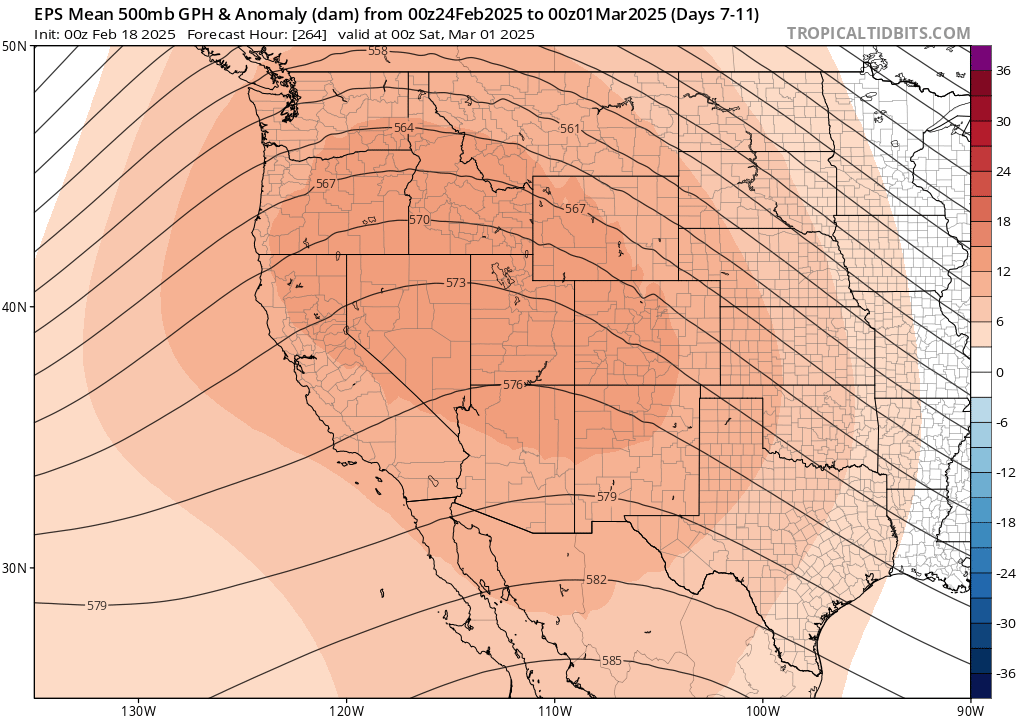 Weather_West's tweet photo. A much warmer pattern will develop across most of the West, including CA, by late Feb/early Mar. This pattern will also be quite dry, once again, in the SW--where more rain would be helpful. Some lighter precip in NorCal at times but certainly nothing dramatic. #CAwx https://t.co/rukySuo4bI