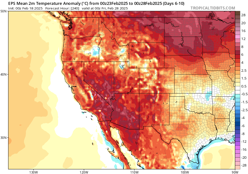Weather_West's tweet photo. A much warmer pattern will develop across most of the West, including CA, by late Feb/early Mar. This pattern will also be quite dry, once again, in the SW--where more rain would be helpful. Some lighter precip in NorCal at times but certainly nothing dramatic. #CAwx https://t.co/rukySuo4bI