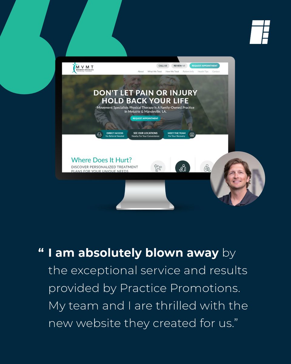 PracticePromos's tweet image. The Ultimate Practice Marketing System has taken this clinic&apos;s marketing to the next level!

Now equipped with a new website, Google Ads, and a social media marketing system, Movement Specialists PT will have no trouble thriving in 2025. #TestimonialTuesday