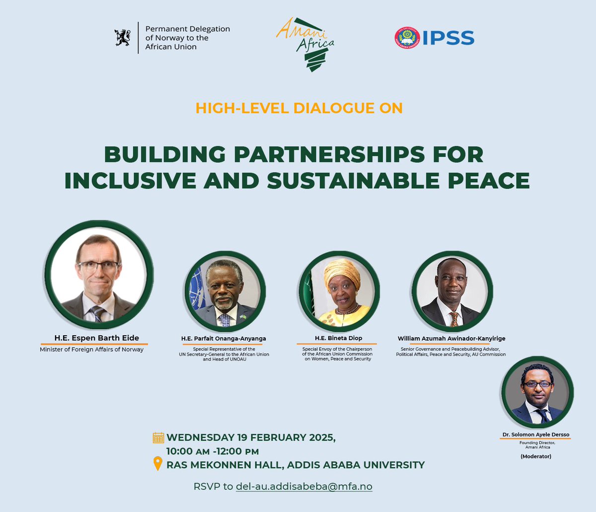 📌Happening Tomorrow:

Join us for a High-Level Dialogue on ‘Building Partnerships for Inclusive and Sustainable Peace’ with H.E. <a href="/EspenBarthEide/">Espen Barth Eide</a> , Minister of Foreign Affairs of #Norway; H.E <a href="/parfait_onanga/">Parfait Onanga-Anyanga</a> Head of <a href="/UNOAU_/">UN Office to the African Union - UNOAU</a> ; H.E. <a href="/AUBinetaDiop/">AU WPS Bineta Diop</a> Special Envoy of the AUC