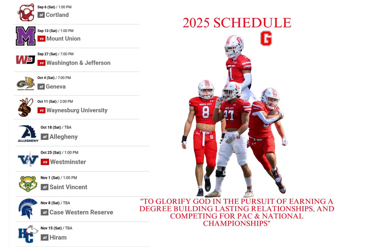 Vision- “To glorify God in the pursuit of earning a degree building lasting relationships, and competing for PAC &amp; National Championships” 

When we say compete for “PAC &amp; National Championships” we schedule non conference a little different. 

200 days till week 1.