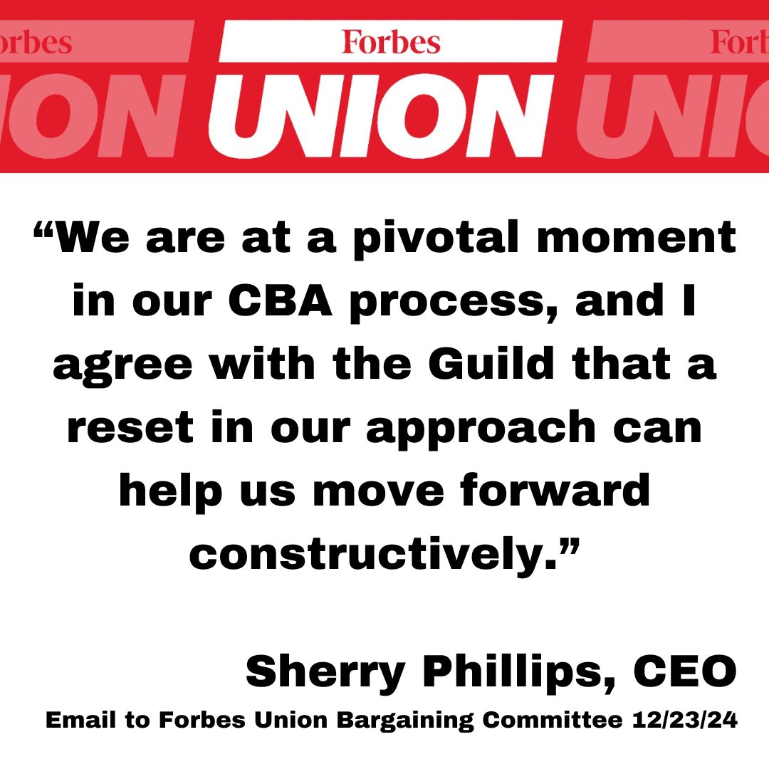<a href="/Forbes/">Forbes</a> CEO Sherry Phillips said in a Dec. email to the <a href="/forbesunion/">Forbes Union</a> bargaining committee that she agreed that "a reset in our approach can help move us forward constructively." We are all still waiting for that reset, Sherry.