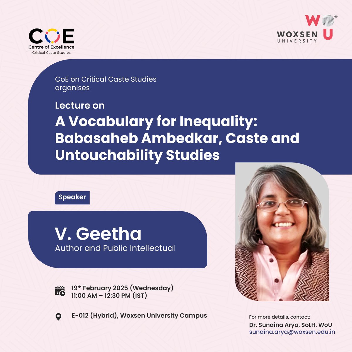 Su_philos's tweet photo. CoE on *Critical Caste Studies* invites you to a Lecture by V. Geetha on “A Vocabulary for Inequality: Babasaheb Ambedkar, Caste, and Untouchability Studies”

🗓️ 19th Feb 2025 
🕰️ 11:00am-12:30pm (IST) 
Zoom: https://t.co/vlzhUFGWy1  
#Ambedkar #Dalit #CriticalCasteStudies https://t.co/rxUKyX6XBK
