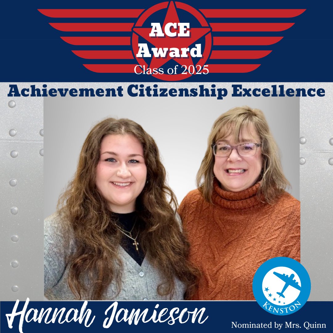 KenstonKHS's tweet photo. SENIOR ACE AWARD: Congratulations to Hannah Jamieson, who was nominated by Art Teacher Mrs. Quinn. This award honors Seniors for Achievement, Citizenship, and Excellence, as well as the teachers who recognized them. #kenstonclassof2025 #kenstonACEs #kenstonschools https://t.co/E8DiV5GwKG