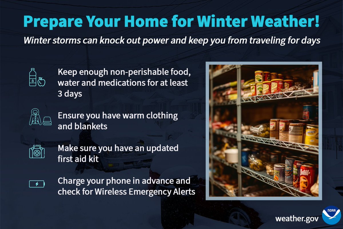 NCEmergency's tweet image. Prepare your home for emergencies associated with winter conditions! Winter storms can create power outages and keep you from traveling for days. Keep enough non-perishable food, water, and medications for at least 3 days. #ReadNC #WinterWx