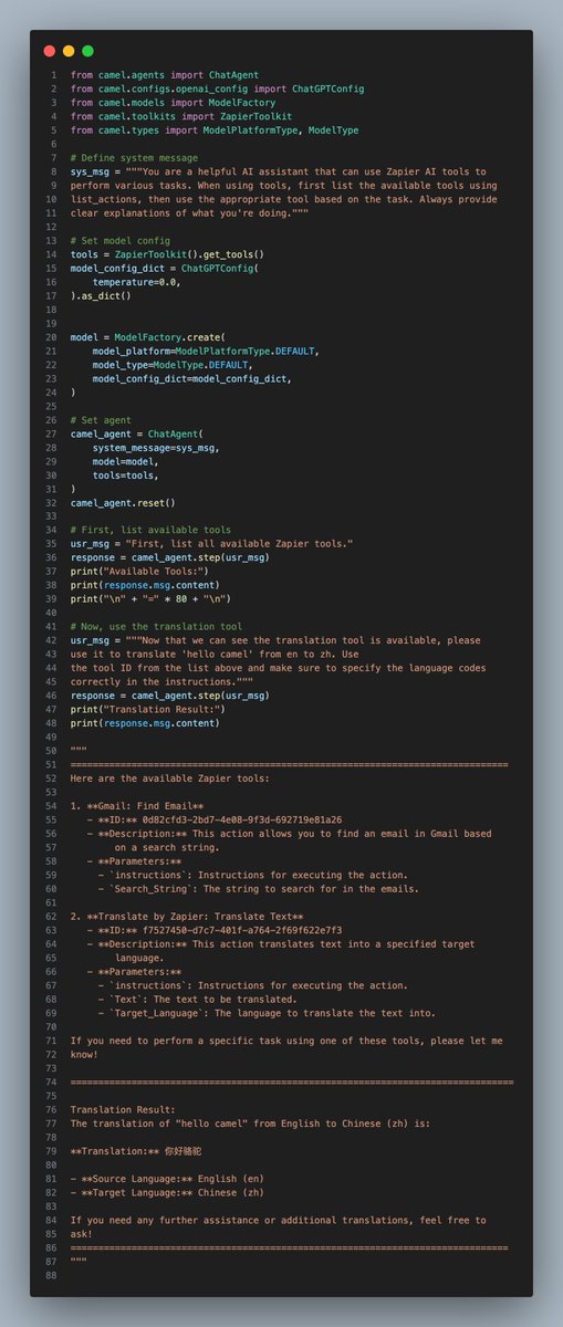 Introducing Zapier Integration in CAMEL-AI! 🐫

We’re excited to announce native Zapier NLA (Natural Language Actions) support in CAMEL-AI! This powerful integration enables AI agents to automate workflows across 5000+ apps using natural language.

Key Features:
- Natural