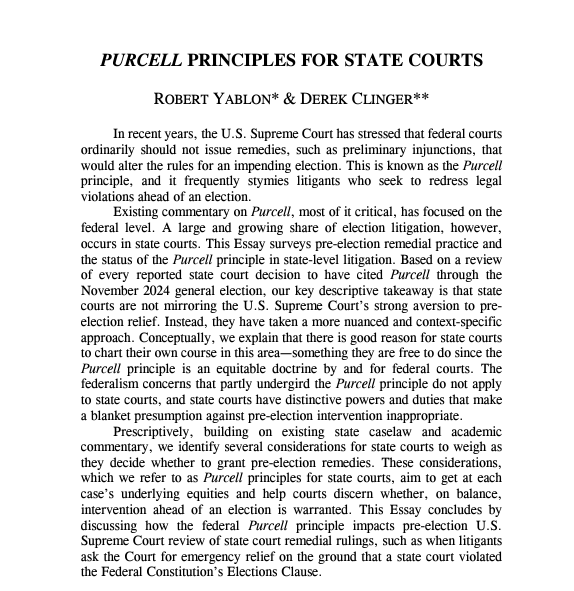 Elections Research Center (@electionscenter) on Twitter photo Why do federal courts avoid changing election rules near Election Day? ERC affiliate <a href="/RobYablon/">Rob Yablon</a> finds state courts take a context-based approach and offer "a forum for protecting democratic rights even when doors to federal court are closed." Read more
🔗papers.ssrn.com/sol3/papers.cf… Why do federal courts avoid changing election rules near Election Day? ERC affiliate <a href="/RobYablon/">Rob Yablon</a> finds state courts take a context-based approach and offer "a forum for protecting democratic rights even when doors to federal court are closed." Read more
🔗papers.ssrn.com/sol3/papers.cf…