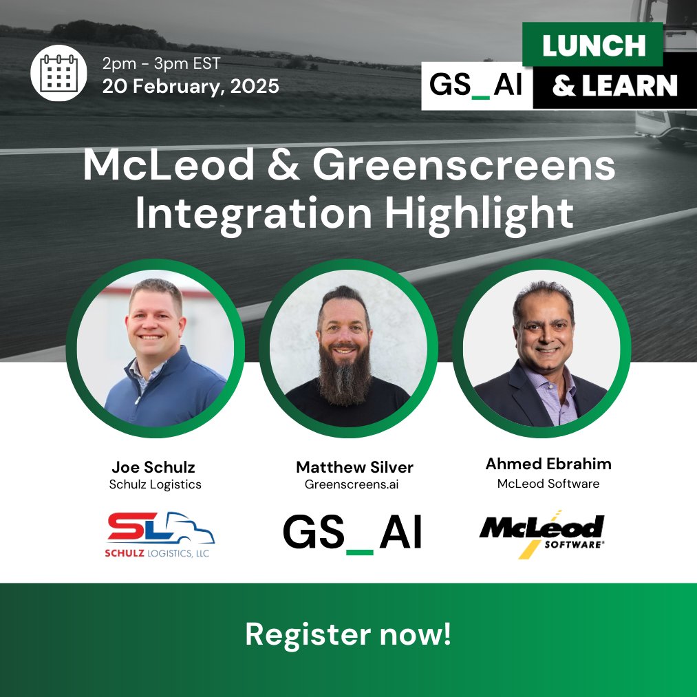 Learn more about how Schulz Logistics uses the McLeod Software and Greenscreens.ai integration this Thursday at 2pm!

Add to your calendar: greenscreens-ai.zoom.us/webinar/regist…