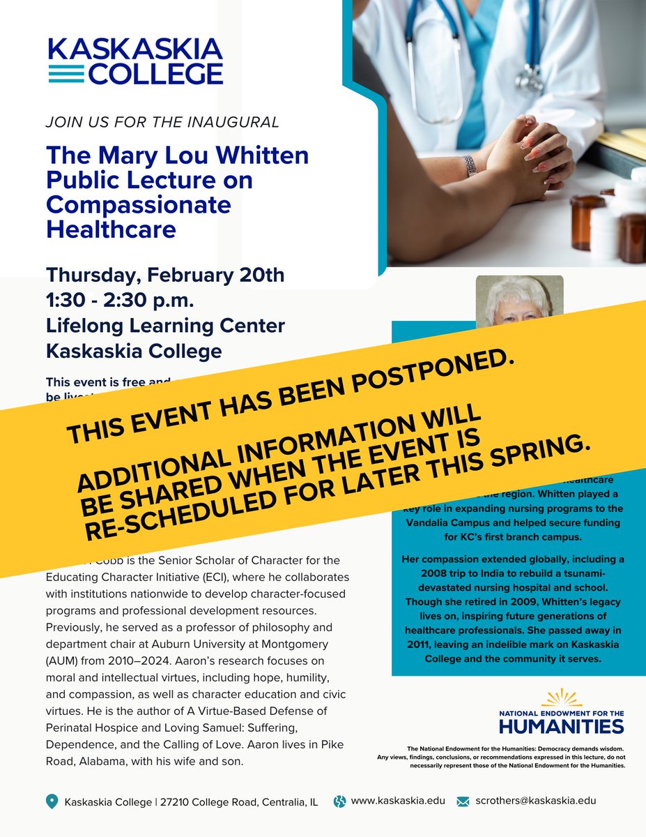 📢 EVENT POSTPONED 📢

The Mary Lou Whitten Public Lecture on Compassionate Healthcare, originally scheduled for February 20th, has been postponed. Additional information will be shared when the event is rescheduled for later this spring.