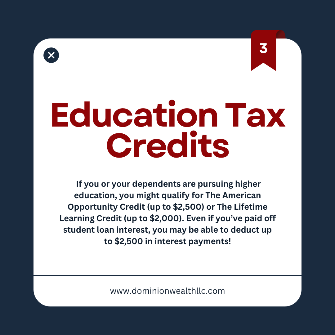 Dominion_WM's tweet photo. 🚨 Tax Season is Here! Don’t Miss These Deductions 🚨

Did you know you might be leaving money on the table? Here are three often-overlooked tax deductions that could save you thousands this year.

#TaxSeason #WealthManagement #SmartMoney #TaxDeductions #FinancialPlanning https://t.co/5FmAumim8E