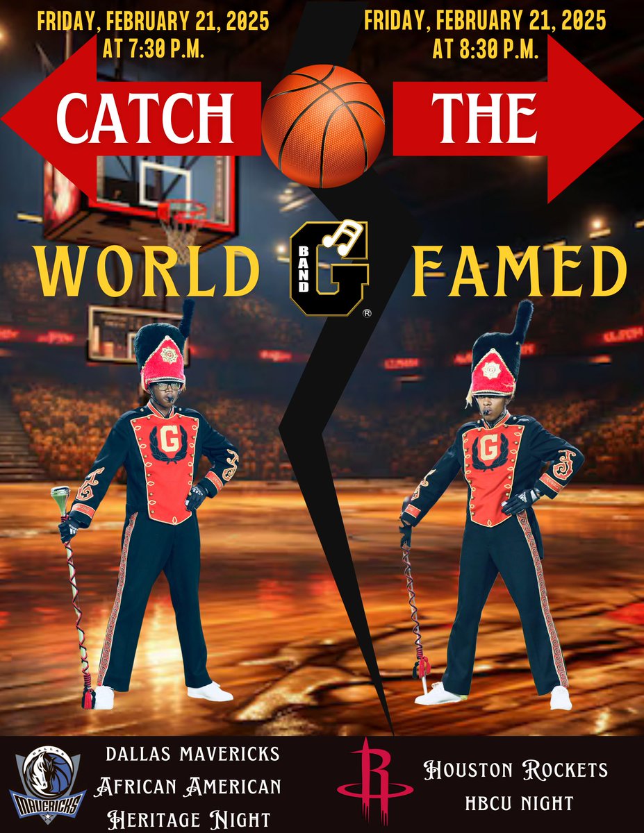 Grambling1901's tweet photo. Get ready for an unforgettable night! The World Famed will be in two places at once, performing for the Dallas Mavericks and the Houston Rockets! Don't miss the World Famed and all the NBA action on Friday, February 21, 2025! 🏀🔥 #DallasMavericks #HoustonRockets #WorldFamed https://t.co/bKwzq5lmtX