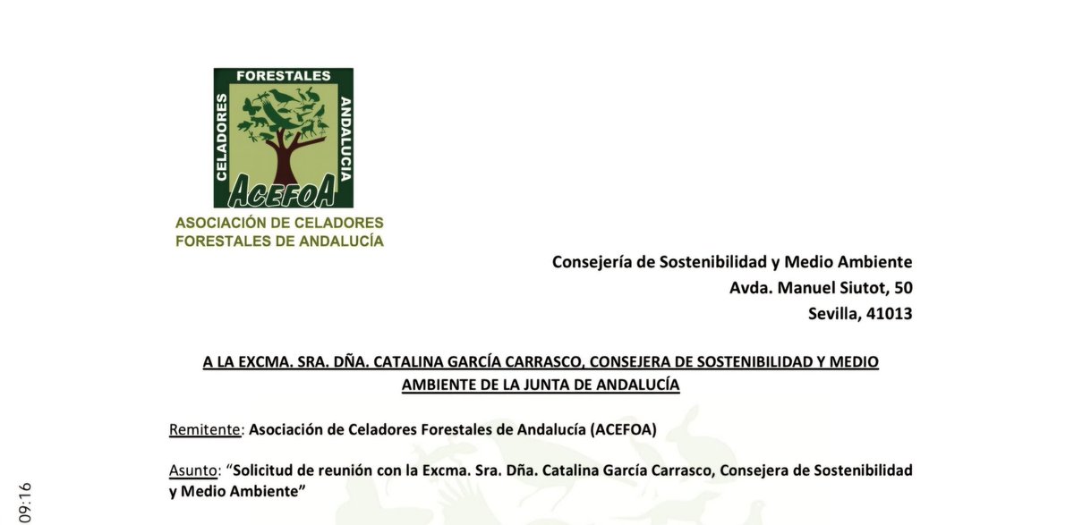 A tenor de la situación crítica (cada vez más acentuada) que arrastra el colectivo de Celadores Forestales de Andalucía, solicitamos reunión (a la mayor brevedad posible) con la Exma. Sra. Consejera de <a href="/MedioAmbAND/">Consejería de Sostenibilidad y Medio Ambiente</a>