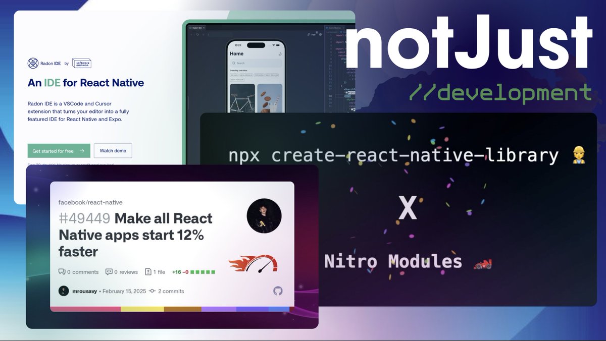 anis_RNCore's tweet image. Hello #React_Native Devs,
✅ Completed writing -#NotJustDev Newsletter 👇
✅ For 20th Feb MAIL 💌

Covered 👇
1️⃣ 12x faster RN apps-by @mrousavy
2️⃣ Nitro Modules in CRNL-by @mrousavy @callstackio  
3️⃣ Radon IDE V1.3-by @kzzzf

💌 SUB to @VadimNotJustDev ❯ notjust.dev/newsletter