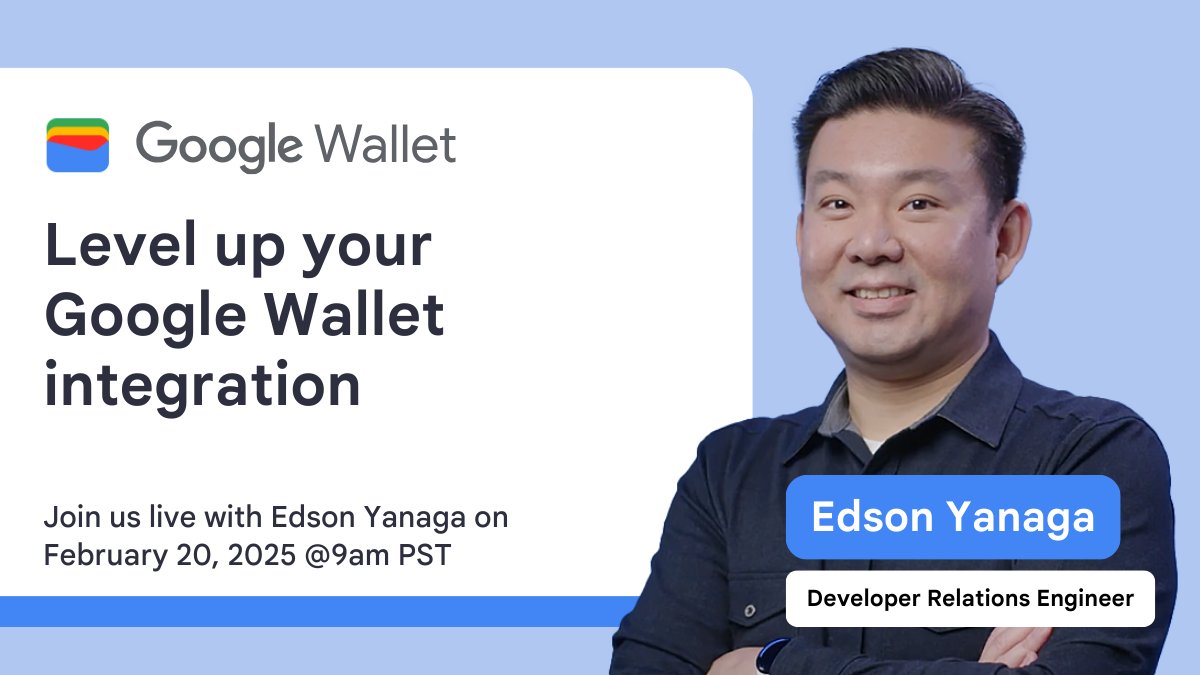 Google Wallet live incoming this week. 🔥 We'll cover:

🎫 Pre-creating passes with the API
🎫 Creating embedded passes in JWTs
🎫 Sharing multiple passes

Join at 9 a.m. PT Feb. 20 (save to calendar) → goo.gle/3Ql2AQV