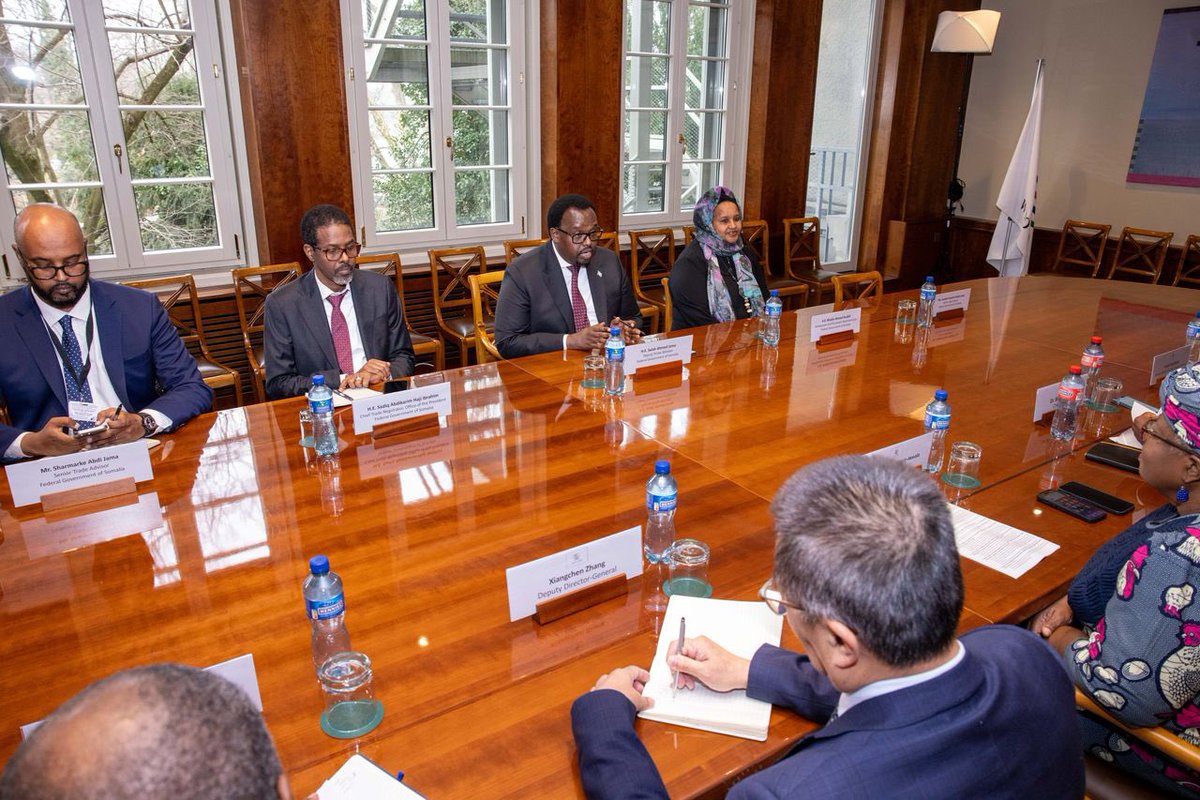 SomaliPM's tweet photo. Today in Geneva, Deputy Prime Minister @SalahJama met with WTO Director-General Dr. Ngozi Okonjo-Iweala, to advance Somalia’s @wto accession process. This significant step underscores Somalia’s commitment to integrating into the global trading system. Dr. Okonjo-Iweala pledged technical support to facilitate Somalia’s membership journey.