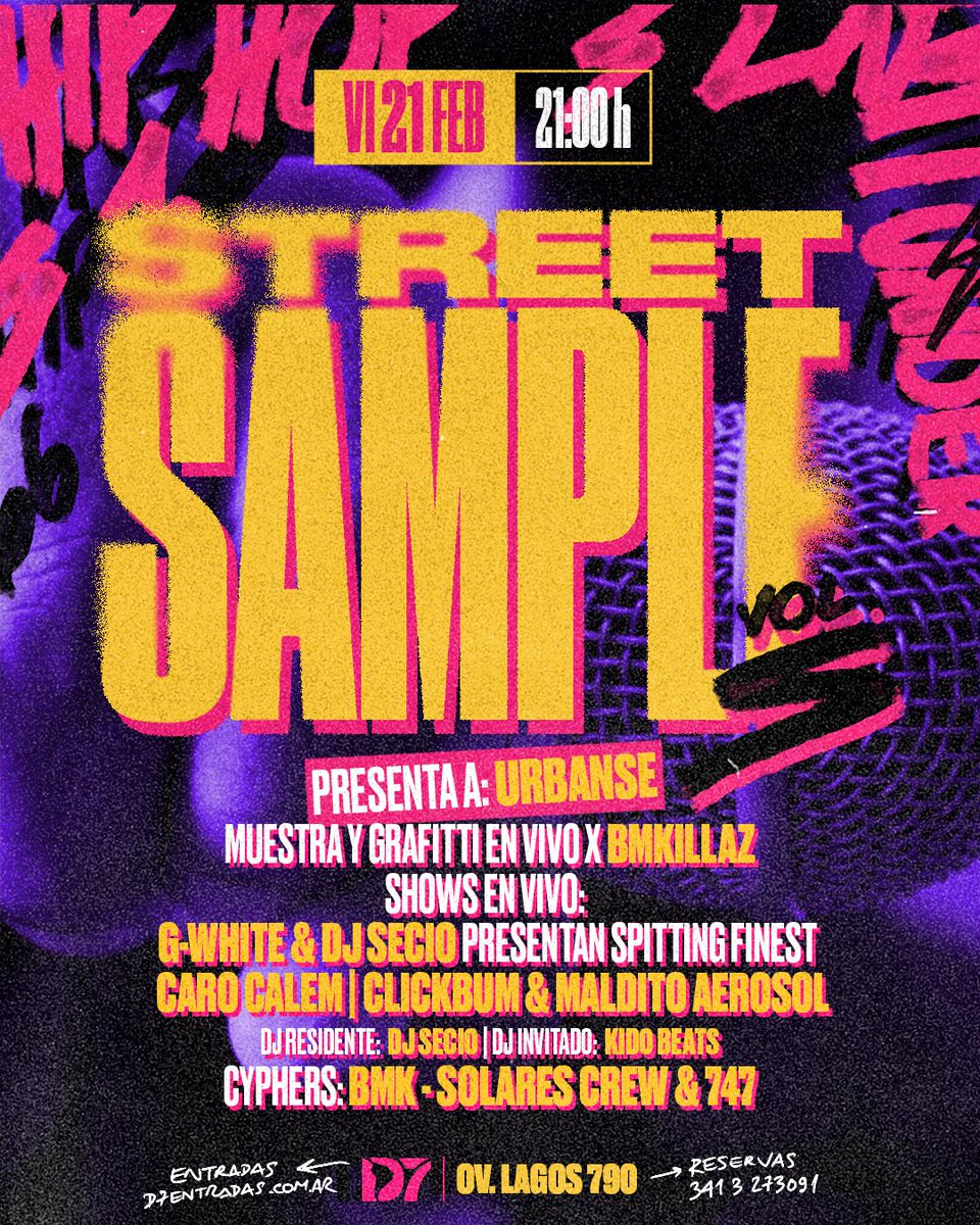 🔥 VIERNES 21 A LAS 21 URBANSE EN EL D7 🔥

👉🏽 5ta edición de #StreetSample ‼️Celebramos 10 años del crew @bmkillaz ❤️

🎫 Las entradas están disponibles en d7entradas.com.ar  o presencialmente en Ov. Lagos 790 (de lunes a viernes de 9 a 19 hs.). 🤩

¡Lxs esperamxs! 😎