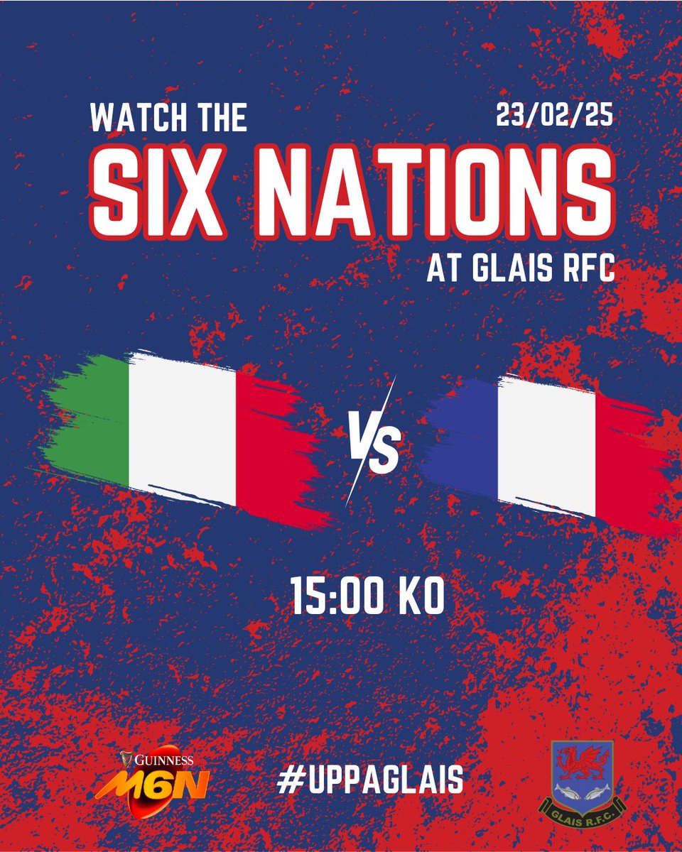 🏉 ROUND 3 🏉

Don't miss the Round 3 action this weekend! Catch all the games live on the big screen at Glais RFC🍻🏉! 

Saturday 22nd 
🏴󠁧󠁢󠁷󠁬󠁳󠁿 V 🇮🇪 - KO 14:15pm 
🏴󠁧󠁢󠁥󠁮󠁧󠁿 V 🏴󠁧󠁢󠁳󠁣󠁴󠁿 - KO 16:45pm 

Sunday 23rd 
🇮🇹 V 🇫🇷 - KO 15:00pm 

#6nations #glaisrugbyclub #rugbyclub #supportglaisrugbyclub