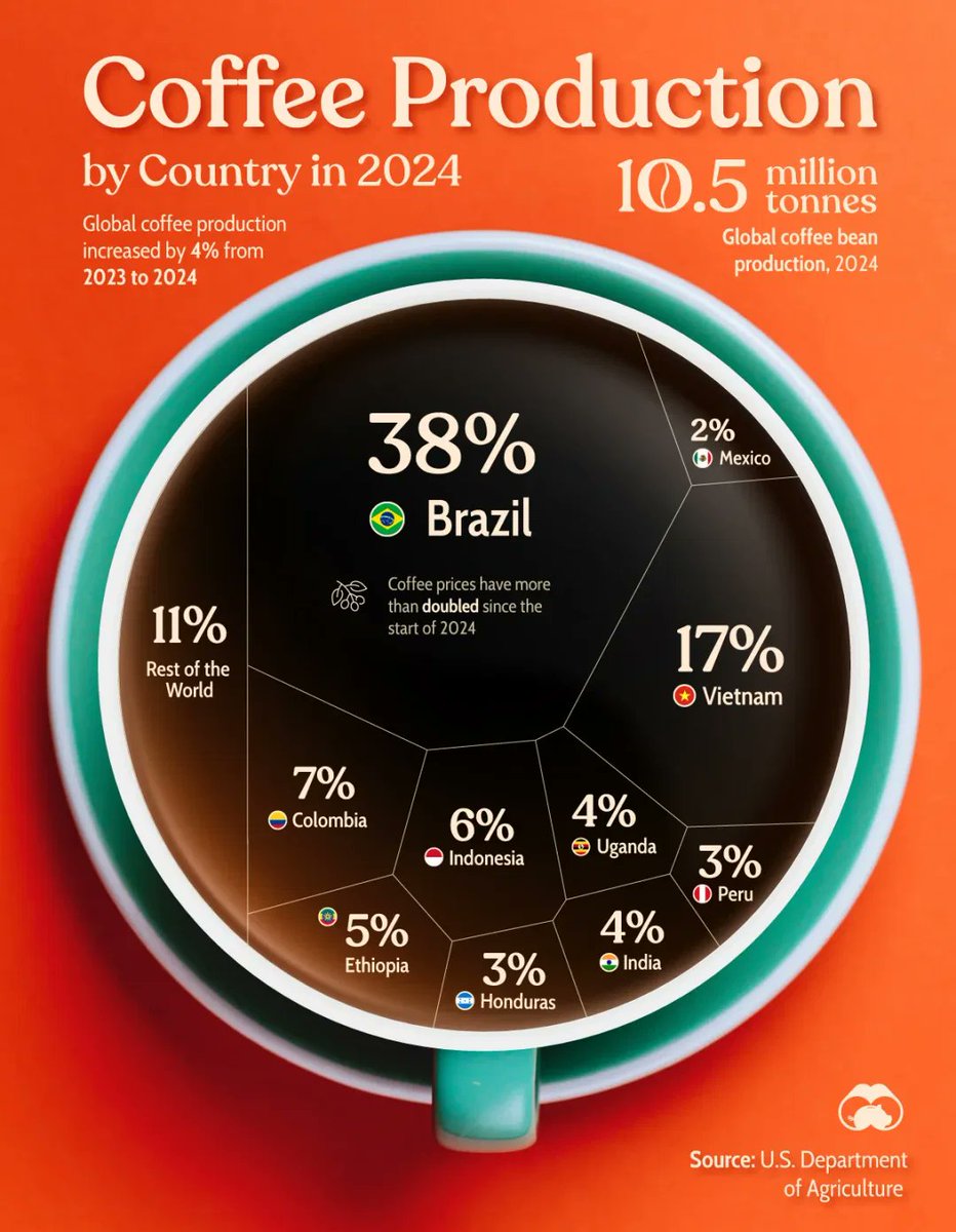 ☕️ Coffee production in 2024.  

🇧🇷 Brazil and 🇻🇳 Vietnam represent 55% of world production.