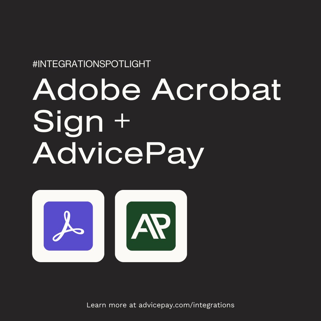 AdvicePay's tweet image. #IntegrationSpotlight: Adobe Acrobat Sign + AdvicePay

Send agreements &amp;amp; key docs for eSignature - no printing, scanning, or chasing signatures. Enjoy auto-populated templates &amp;amp; streamlined workflows! Available on Pro &amp;amp; Enterprise plans. Get started: hubs.la/Q0379n-90