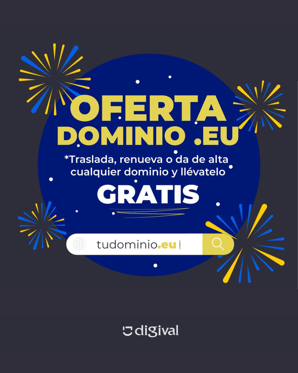 digival_es's tweet photo. 📢 ¡ 𝐎𝐅𝐄𝐑𝐓𝐀 𝐄𝐗𝐂𝐋𝐔𝐒𝐈𝐕𝐀 𝐃𝐄𝐋 𝐃𝐎𝐌𝐈𝐍𝐈𝐎 .𝐄𝐔 ! 🇪🇺

⭐️ Totalmente GRATIS durante UN AÑO

Llévatelo con la renovación, traslado o registro de cualquier otro dominio.

📅 Solamente válido hasta el 30 de abril de 2025

¡Consíguelo ya!

🔗 https://t.co/BB9cy0Q9tm https://t.co/CPU9cGviTK