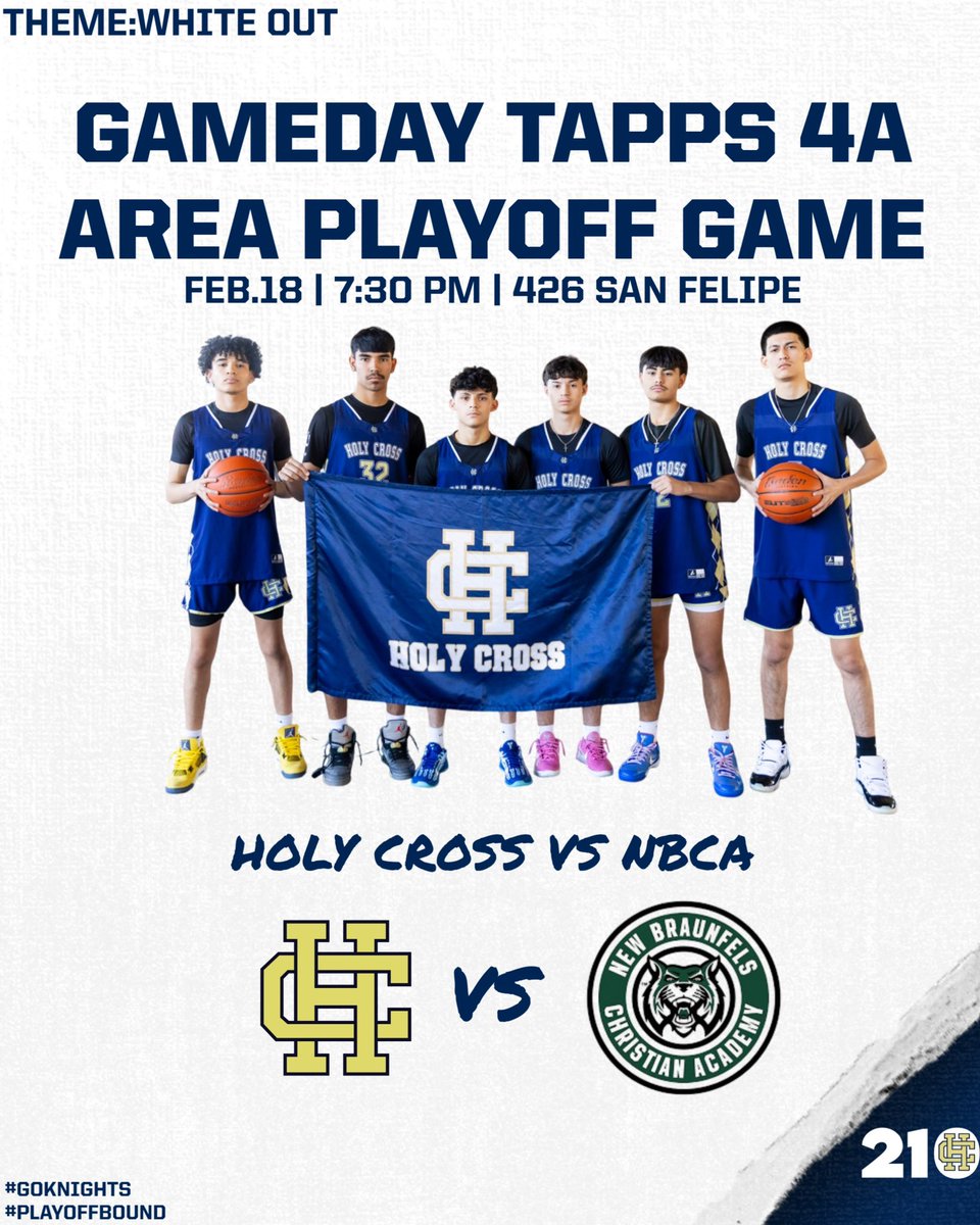 Holy Cross Knights Basketball (@hcbasketball426) on Twitter photo 🔥GAME DAY!!! 🔥
TAPPS 4A Area Playoff Round Game!! WIN or go home!
🆚 NBCA
⌚️ 7:30pm
📍Holy Cross
<a href="/TXPSbasketball/">Texas Private School Basketball</a> @TXPS_JacobB <a href="/TAPPSbasketball/">TAPPS Basketball</a> <a href="/TexasHoopsGASO/">TexasHoops/GASO 🔗</a> <a href="/TXPSMedia/">Texas Private School Media</a> 🔥GAME DAY!!! 🔥
TAPPS 4A Area Playoff Round Game!! WIN or go home!
🆚 NBCA
⌚️ 7:30pm
📍Holy Cross
<a href="/TXPSbasketball/">Texas Private School Basketball</a> @TXPS_JacobB <a href="/TAPPSbasketball/">TAPPS Basketball</a> <a href="/TexasHoopsGASO/">TexasHoops/GASO 🔗</a> <a href="/TXPSMedia/">Texas Private School Media</a>