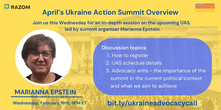razomforukraine's tweet photo. On tonight's #UkraineAdvocacyCall weโll be joined by Marianna Epstein to learn about the next #UkraineActionSummit. Have your questions ready and see you tonight!
Marianna is the founder of Empathy for Ukraine, a volunteer-driven initiative committed to fostering greater empathy in Congress for Ukrainians by translating firsthand war accounts into English and sharing stories of heroism and suffering from soldiers, volunteers, medics, refugees, and everyday citizens.
Marianna has been the leader of the Massachusetts delegation in previous summits and is the main coordinator for this upcoming summit in April.