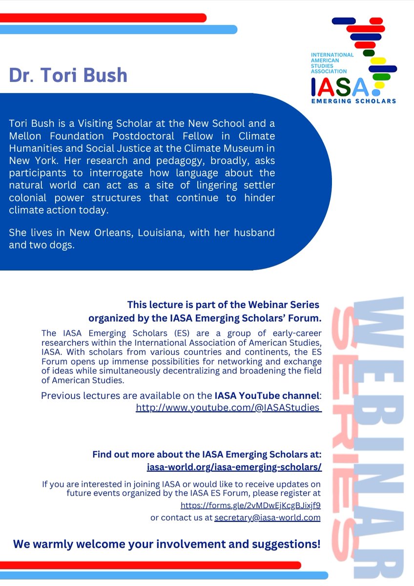 The IASA Emerging Scholars' Forum Webinar Series Episode Three: "Settler Rehetotrics in U.S. Environmental Writing on The Gulf South" Speaker:  Dr. Tori Bush, Fellow, Climate Museum in New York 
Date: February 24, 2025 Time: 7 PM CET  meet.google.com/iyu-xtos-ywo
