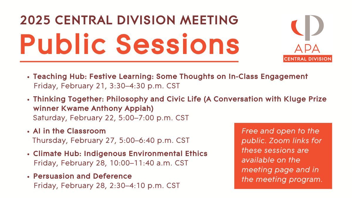 The 2025 <a href="/APA_Central/">APA Central Division</a> Division Meeting will include 5 sessions that are free and open to the public—no registration needed! Visit apaonline.org/event/2025cent… for more information. #APACentral25