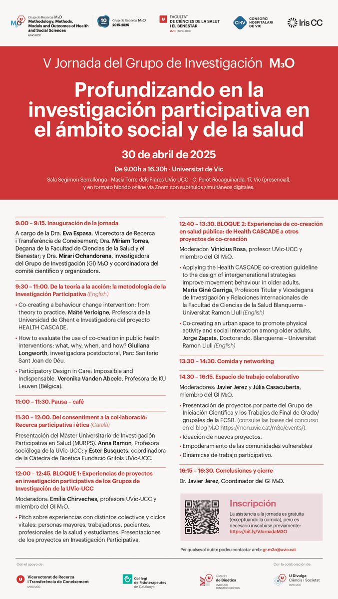 📢 On April 30, the V M₃O Conference is happening at UVic-UCC &amp; online! 🌍✨

🔎 Theme: "Delving deeper into Participatory Research in the Social &amp; Health Field"
📍 Where: Sala Segimon Serrallonga, UVic + Zoom
🎟 Free registration: redcap.uvic.cat/surveys/?s=JRE…

Join us!💡