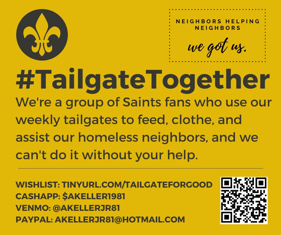 AllenK_81's tweet photo. This Sunday morning, we'll be on our regular routine of serving the houseless community in New Orleans. Help us keep them warm. Join us, check out our Amazon wishlist, or consider a donation for drinks/snacks/supplies. #TailgateTogether https://t.co/PdqwfsM0Bl