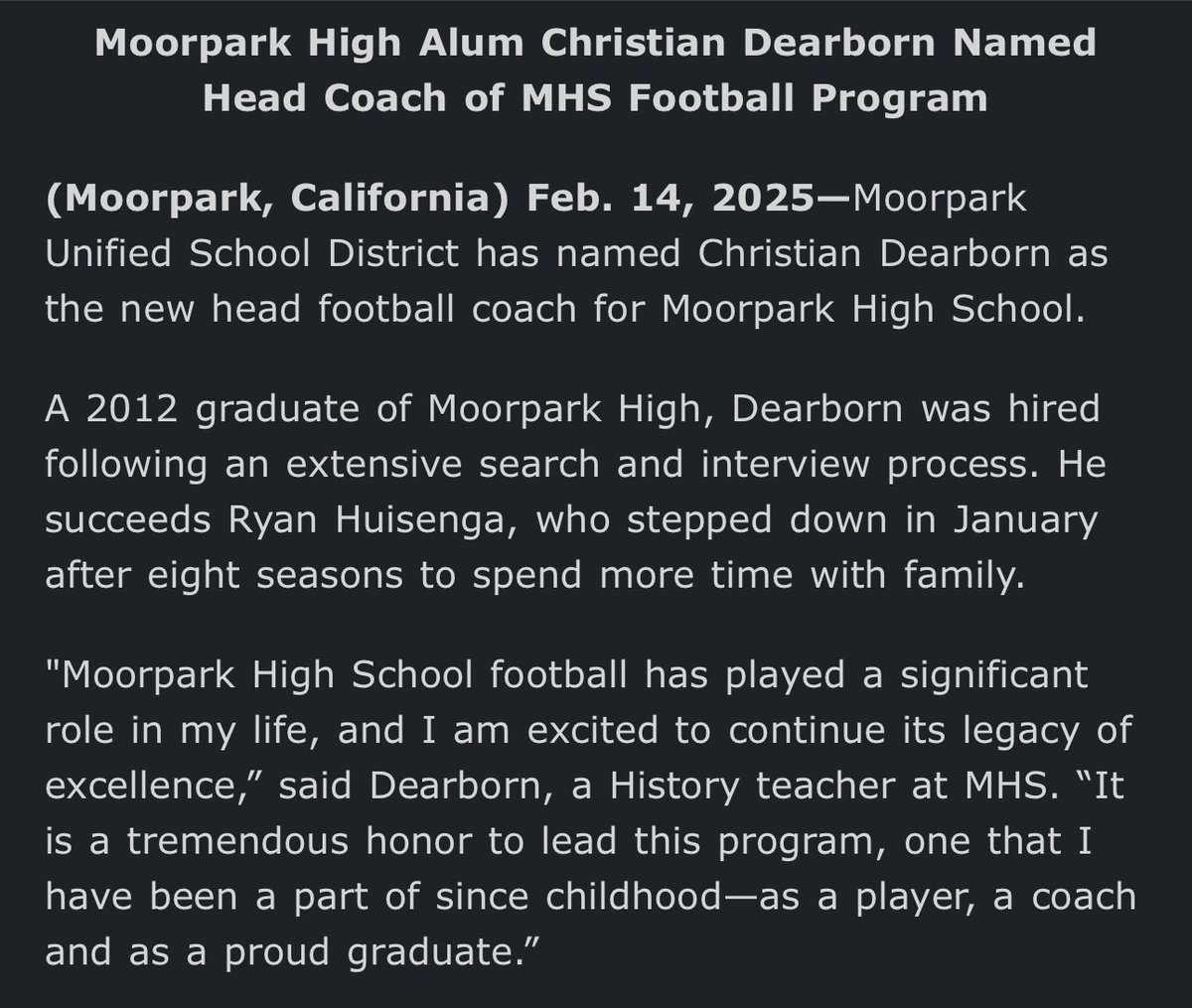 FOOTBALL: Christian Dearborn is the new football coach at Moorpark High.

Musketeers are in good hands.