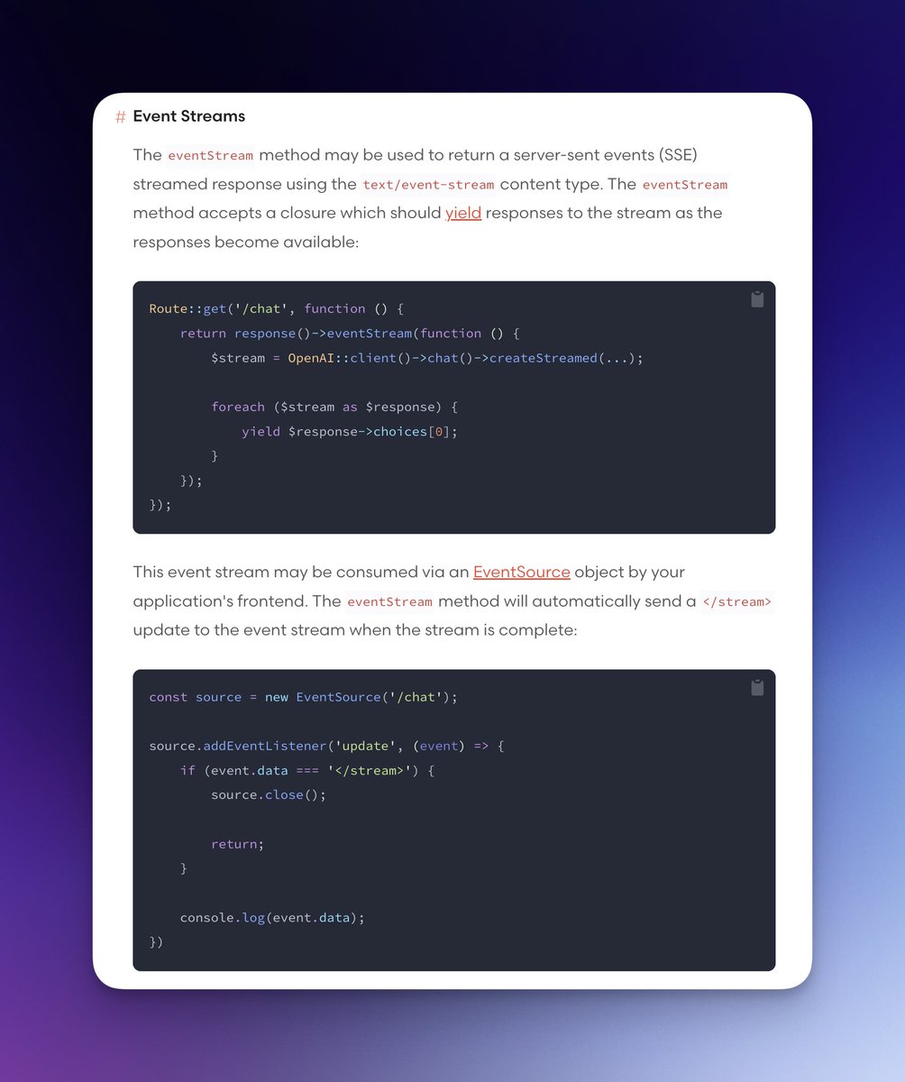 Generating event streams with Laravel is now documented. 📚

laravel.com/docs/11.x/resp…