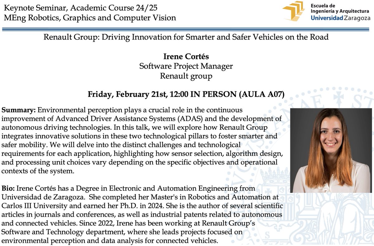 Next Friday, Keynote Seminar:

Renault Group: Driving Innovation for Smarter and Safer Vehicles on the Road

Irene Cortés
Software Project Manager
Renault group

Friday, February 21st, 12:00 IN PERSON (AULA A07)