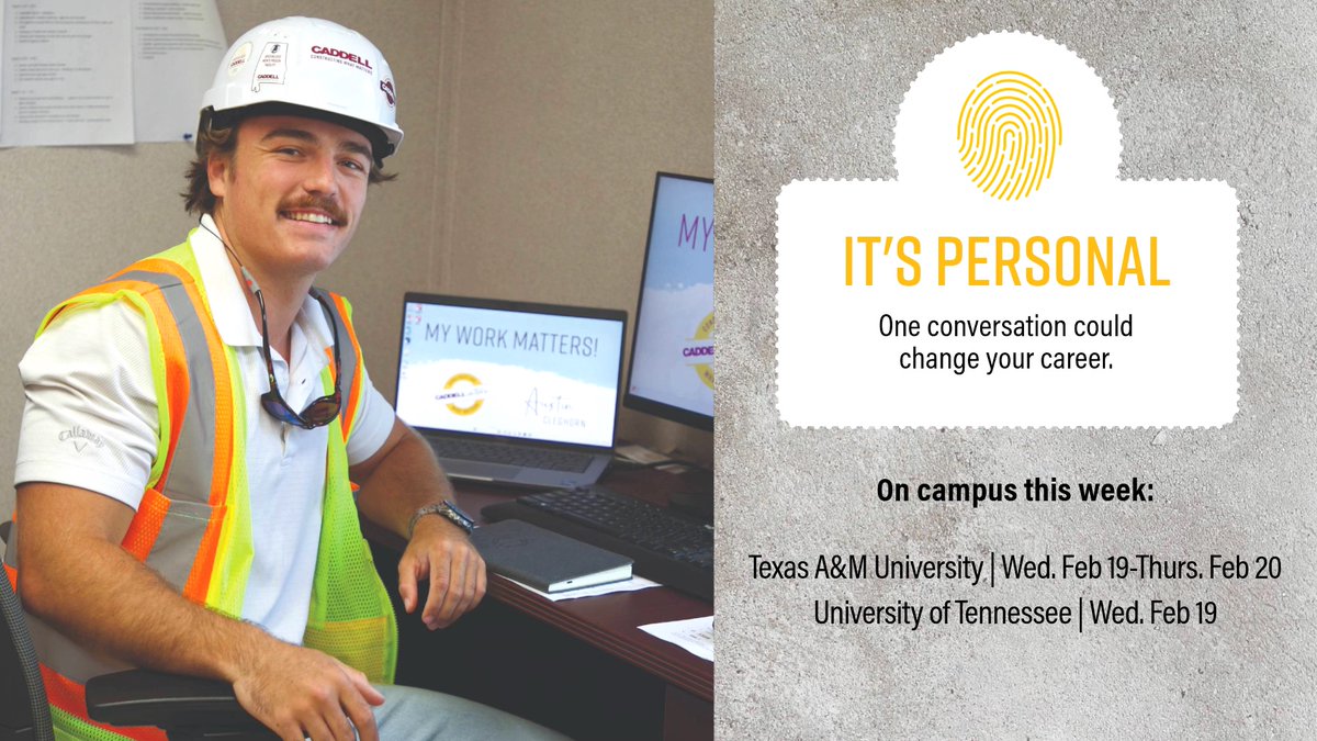 CaddellConst's tweet image. We are looking forward to having some #PersonalConversations on campus this week! Internships available, and plenty of opportunities for graduating seniors as well. #ConstructingWhatMatters #ConsiderCaddell #AGreatCompanyToWorkFor