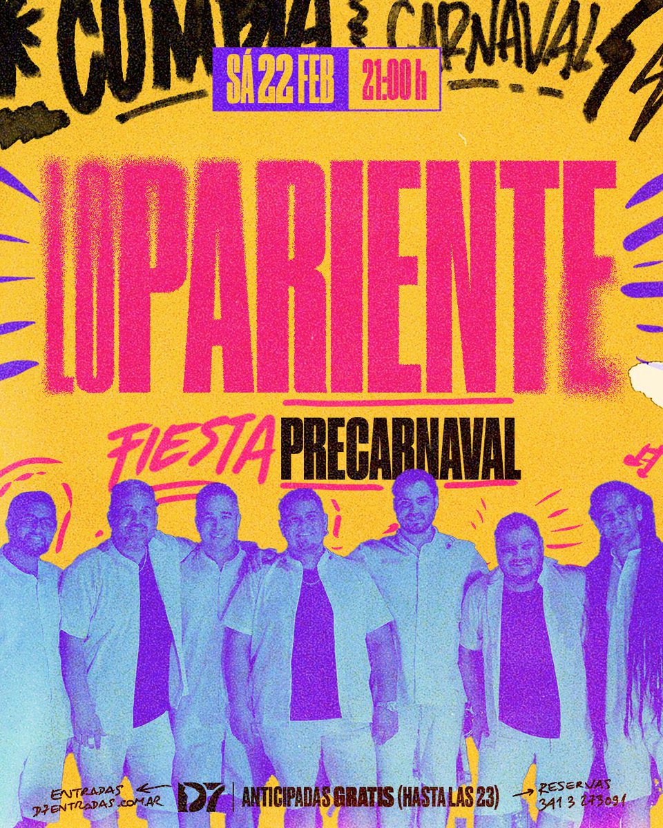 DISTRITO 7 (@distritosie7e) on Twitter photo Este sábado 22 a las 21 vuelven lxs amigxs de <a href="/LoPariente/">Lo'Pariente</a> para romperla toda pre carnavaleando, ¡fiesta asegurada! 🎉
🎫 ANTICIPADAS GRATIS HASTA LAS 23: d7entradas.com.ar o presencialmente en Ov. Lagos 790 (lunes a viernes de 9 a 19 hs.).
¡Lxs esperamxs! 🤗 Este sábado 22 a las 21 vuelven lxs amigxs de <a href="/LoPariente/">Lo'Pariente</a> para romperla toda pre carnavaleando, ¡fiesta asegurada! 🎉
🎫 ANTICIPADAS GRATIS HASTA LAS 23: d7entradas.com.ar o presencialmente en Ov. Lagos 790 (lunes a viernes de 9 a 19 hs.).
¡Lxs esperamxs! 🤗