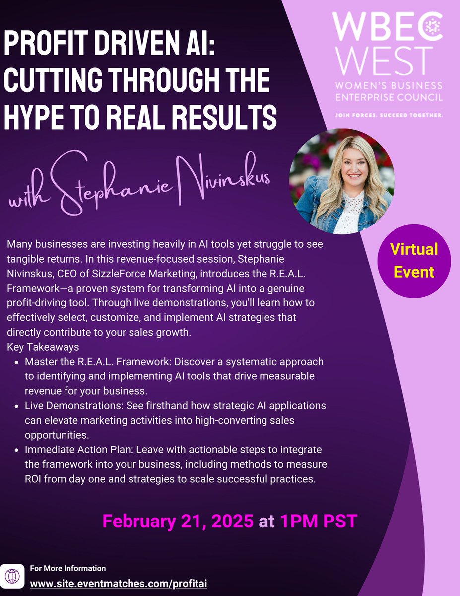 wbecwest's tweet image. 📊 From Tools to Tangible Results. Transform your AI investment into profit-driving strategies with the R.E.A.L. Framework. Save your seat now! Happening this Friday! site.eventmatches.com/profitai🪑 #ProfitWithAI #wbecwest