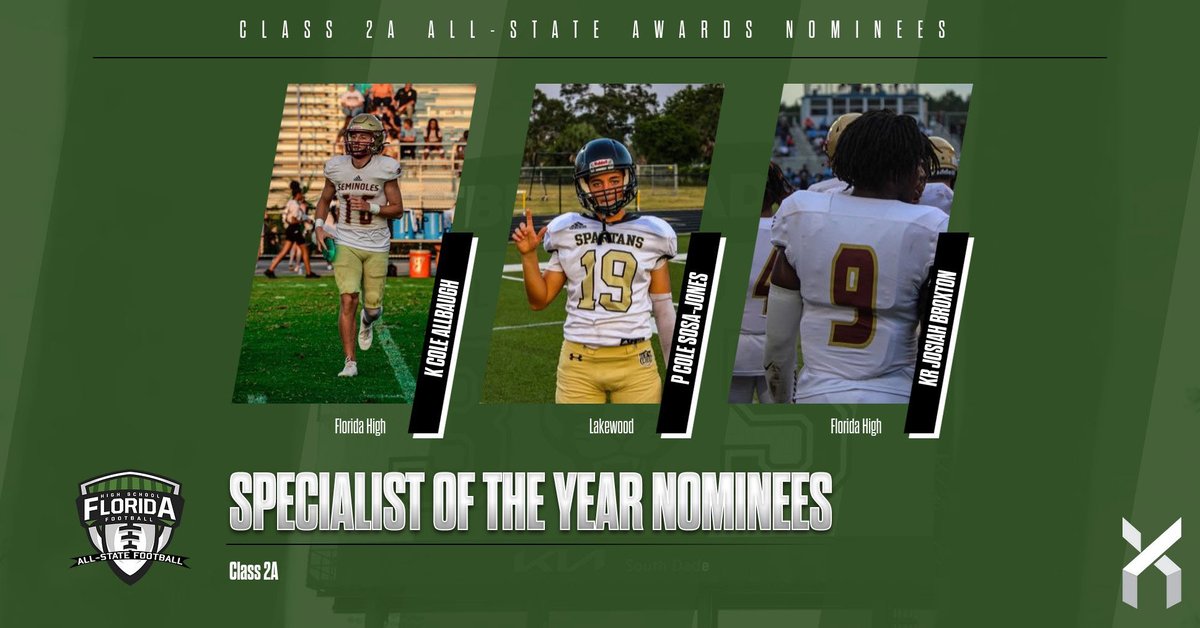 FloridaHSFootball.com (@flahsfootball) on Twitter photo 2024 CLASS 2A SPECIALIST OF THE YEAR NOMINEES
• K Cole Allbaugh, Florida High (Tallahassee), Sr.
• P Cole Sosa-Jones, Lakewood (St. Petersburg), Jr.
• KR Josiah Broxton, Florida High (Tallahassee), Sr.
#flhsfb <a href="/Csosaj11/">Cole Sosa-Jones K/P 2026</a> <a href="/Lakewoodhsfb/">Lakewood Spartans Football</a> <a href="/FACACoach/">FACA</a> <a href="/FHS7v7A/">FLORIDA HIGH SCHOOL 7v7 ASSOCIATION</a> <a href="/scorestream/">ScoreStream</a> 2024 CLASS 2A SPECIALIST OF THE YEAR NOMINEES
• K Cole Allbaugh, Florida High (Tallahassee), Sr.
• P Cole Sosa-Jones, Lakewood (St. Petersburg), Jr.
• KR Josiah Broxton, Florida High (Tallahassee), Sr.
#flhsfb <a href="/Csosaj11/">Cole Sosa-Jones K/P 2026</a> <a href="/Lakewoodhsfb/">Lakewood Spartans Football</a> <a href="/FACACoach/">FACA</a> <a href="/FHS7v7A/">FLORIDA HIGH SCHOOL 7v7 ASSOCIATION</a> <a href="/scorestream/">ScoreStream</a>