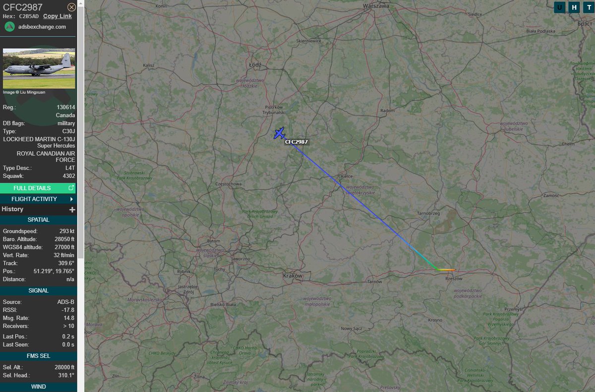 PolishMilRadar's tweet photo. ⌚️ 18.02 18:45LT
🇨🇦 Królewskie Kanadyjskie Siły Powietrzne #RCAF
✈️Lockheed Martin CC-130J-30 Hercules "130614"
#CFC2987 leci na FL280
🛫 Rzeszów Jasionka #EPRZ
🛬 Baza Lotnicza Karup #EKKA
🔗 https://t.co/iPcaM693zy
#POLMILRADAR https://t.co/oHUgoiqoUe