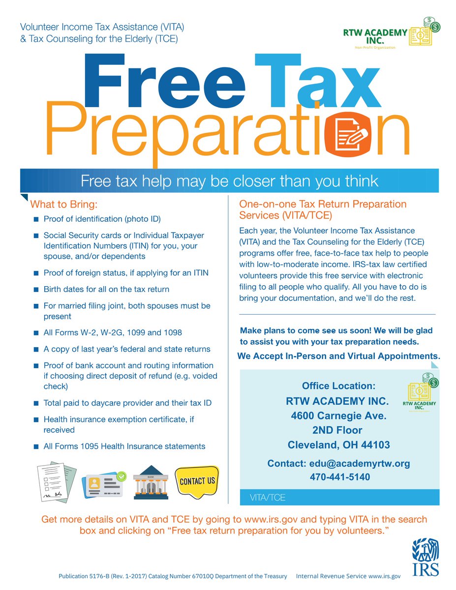 Need Tax Assistance?

Join chamber member, Robbie Terry-Washington, from RTW Xxact Enterprises, LLC for FREE Tax Preparation Assistance! 💰📄 

RTW Academy Inc. offers in-person and virtual tax help through the VITA/TCE programs.