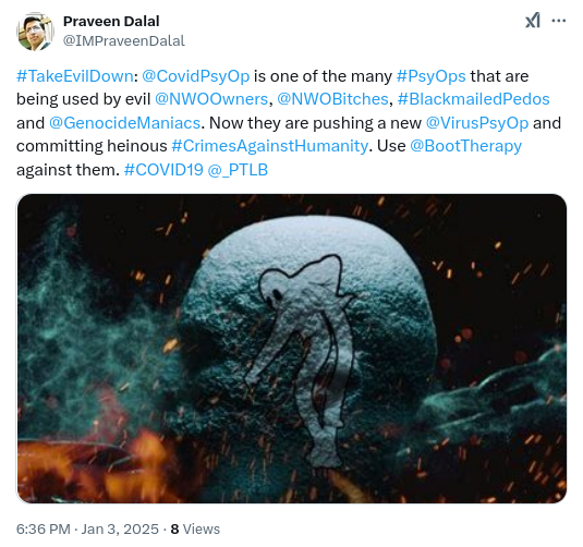 WHOPlandemics's tweet photo. #TakeEvilDown: @_CovidPsyOp is one of the many #PsyOps that are being used by evil @NWOOwners, @_BitchesOfNWO, #BlackmailedPedos and @GenocideManiacs. Now they are pushing a new @VirusPsyOp and committing heinous #CrimesAgainstHumanity. Use @_BootTherapy against them. #Covid19 https://t.co/Q6NrXsuM7E