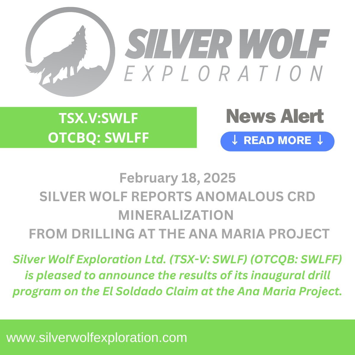 SWLFexploration's tweet image. Silver Wolf is pleased to announce the results of its inaugural drill program on the El Soldado Claim at the Ana Maria Project.

Click here for full news release: silverwolfexploration.com/news/silver-wo…

#silver #drillprogram #explorationinmexico #mining #miningMexico #inauguraldrillprogram