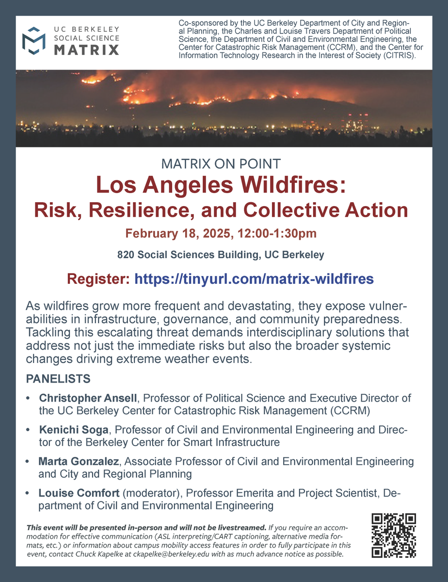 SocialScienceMatrix (@socscimatrix) on Twitter photo Join us TODAY (Tues. 2/18) at 12pm for a panel on solutions to address near- and long-term risks of fires in Los Angeles and beyond. With <a href="/martikagv/">Marta C. Gonzalez</a>, Kenichi Soga, and Christopher Ansell. <a href="/UCBLettersSci/">UC Berkeley College of Letters & Science</a> <a href="/ced_berkeley/">UC Berkeley College of Environmental Design</a> <a href="/GoldmanSchool/">Goldman School of Public Policy</a> <a href="/Cal_Engineer/">Berkeley Engineering</a> REGISTER: tinyurl.com/matrix-wildfir… Join us TODAY (Tues. 2/18) at 12pm for a panel on solutions to address near- and long-term risks of fires in Los Angeles and beyond. With <a href="/martikagv/">Marta C. Gonzalez</a>, Kenichi Soga, and Christopher Ansell. <a href="/UCBLettersSci/">UC Berkeley College of Letters & Science</a> <a href="/ced_berkeley/">UC Berkeley College of Environmental Design</a> <a href="/GoldmanSchool/">Goldman School of Public Policy</a> <a href="/Cal_Engineer/">Berkeley Engineering</a> REGISTER: tinyurl.com/matrix-wildfir…