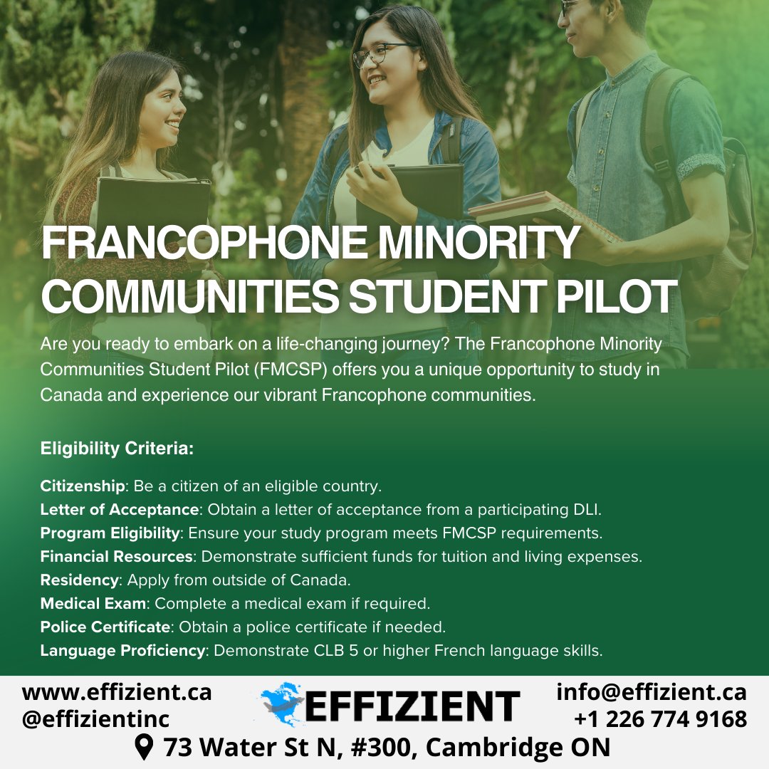 effizientcanada's tweet image. Ready to embark on a life-changing journey? The Francophone Minority Communities Student Pilot offers an incredible opportunity to study in Canada while immersing yourself in vibrant Francophone communities

#fmcsp #francophoneminoritycommunities #studyincanada #canadianeducation