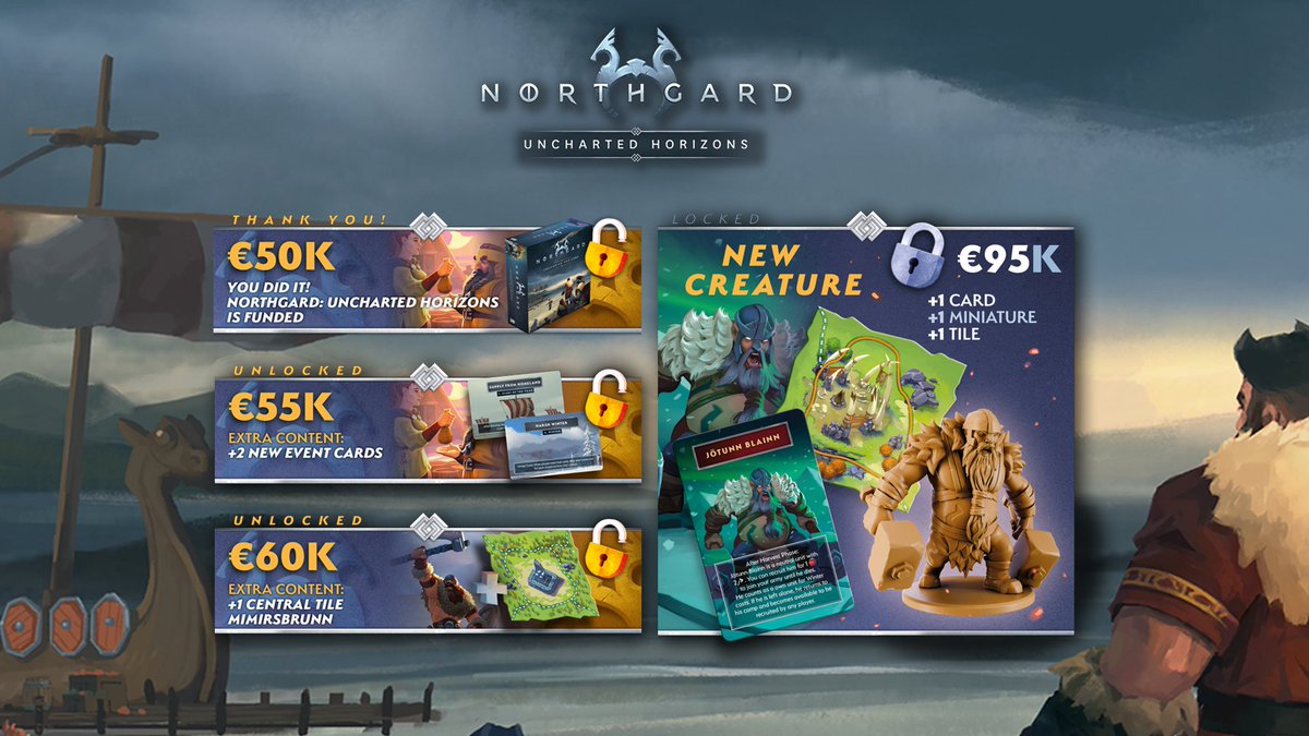 Northgard: Uncharted Horizons is officially funded! 💪

The real fun begins as you already unlocked TWO stretch goals in less than a day, including 2 new Event cards and 1 Central Tile. ⚔️

Pledge now on Kickstarter to unlock a new creature: kck.st/45ot0rA