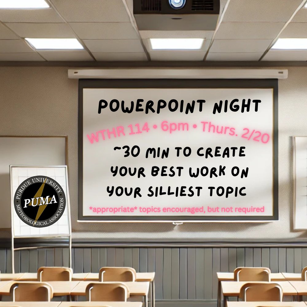 pumapurdue's tweet photo. PUMA Pals, take a break from everyday coursework this THURSDAY and channel your creativity into the silliest PowerPoint presentation possible! You will have ~30 min to put a slide deck together, whether alone, with a pal, or with swapped presentations. Bring friends and ideas! https://t.co/KAr7sbqHIN