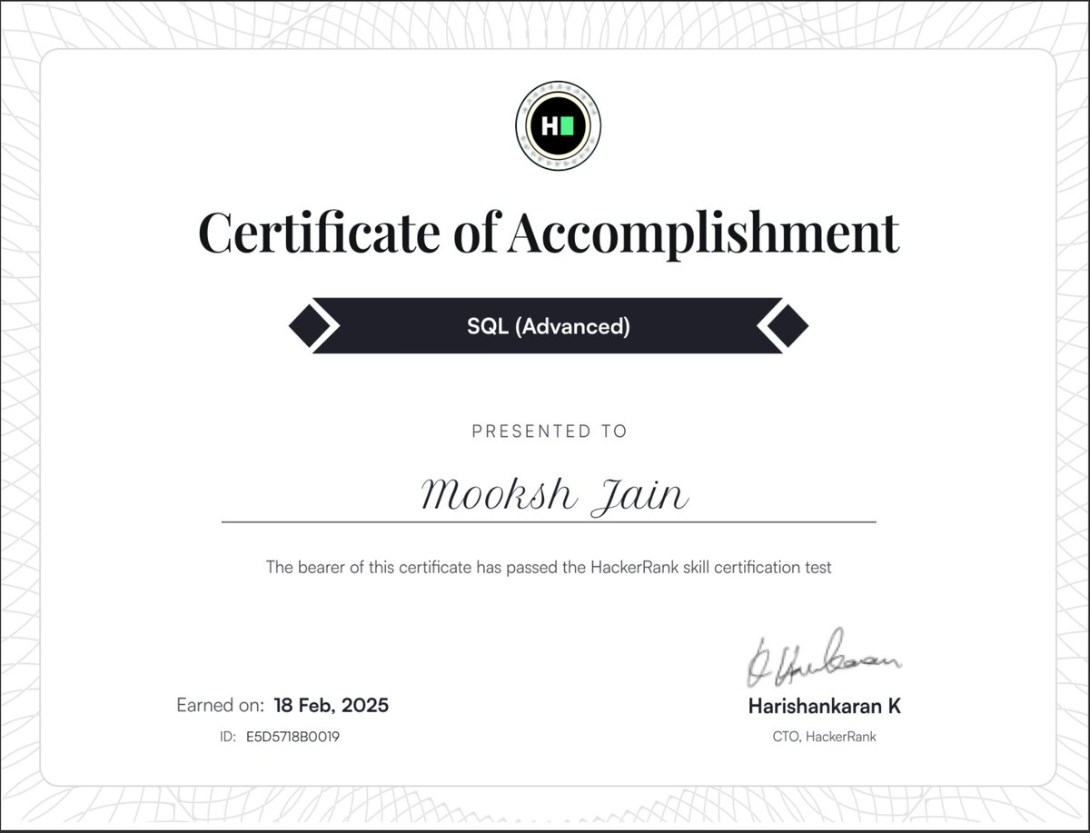 Maverickbitcode's tweet image. 🚀 Just earned my SQL (Advanced) certificate from HackerRank! 🏅🎉 Excited to use these new skills to tackle data challenges. #SQL #HackerRank #Achievement